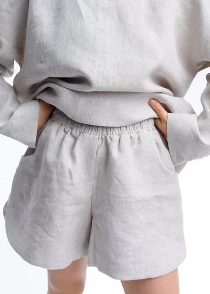 Beautiful Asian Girl Gray Linen Casual Suit Posing White Wall — Stock fotografie