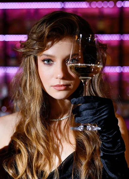 Beautiful Caucasian Girl Poses Glass Wine Her Face Background Bar — Stock Photo, Image