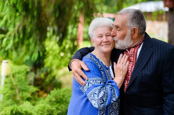 Eine Alte Grauhaarige Frau Umarmt Einen Alten Grauhaarigen Mann Und Stockbild