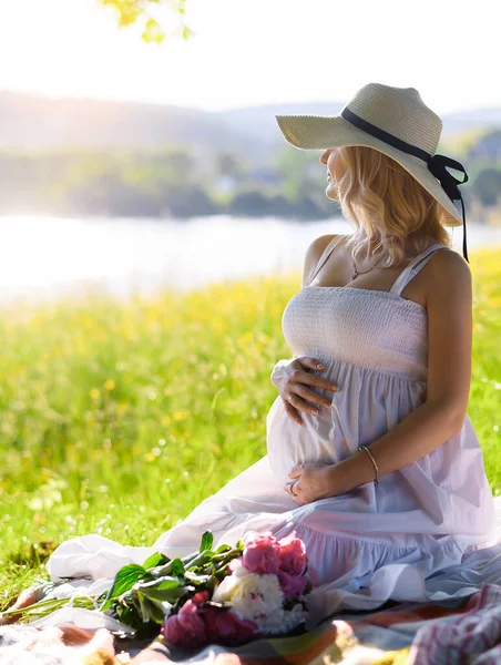Hermosa Joven Embarazada Bosque Atardecer Picnic Sentado Hierba —  Fotos de Stock