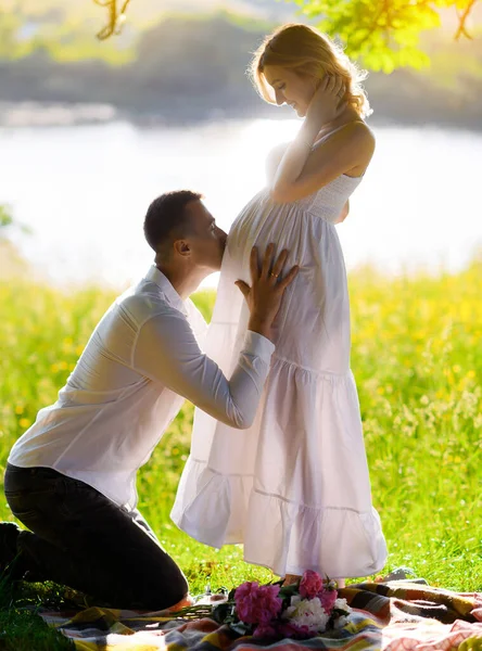 Hermosa Joven Embarazada Con Marido Bosque Atardecer Picnic Sentado Hierba —  Fotos de Stock