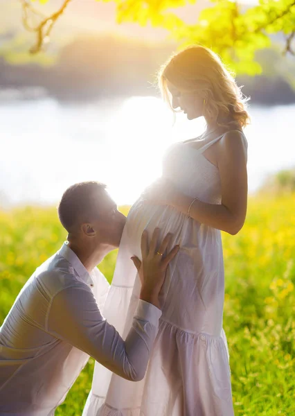 Hermosa Joven Embarazada Con Marido Bosque Atardecer Picnic Sentado Hierba —  Fotos de Stock