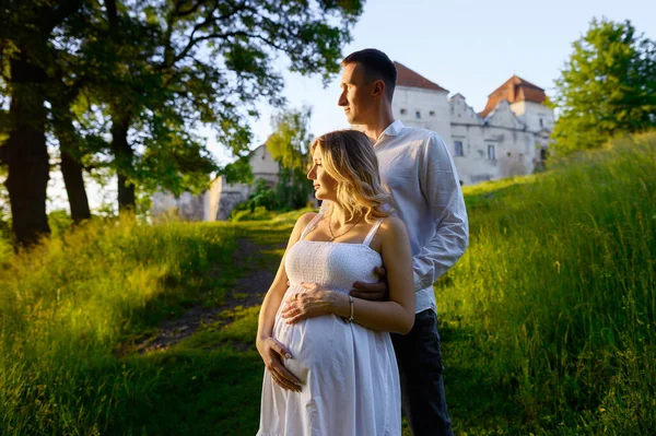 Hermosa Joven Embarazada Con Marido Bosque Atardecer Picnic Sentado Hierba —  Fotos de Stock