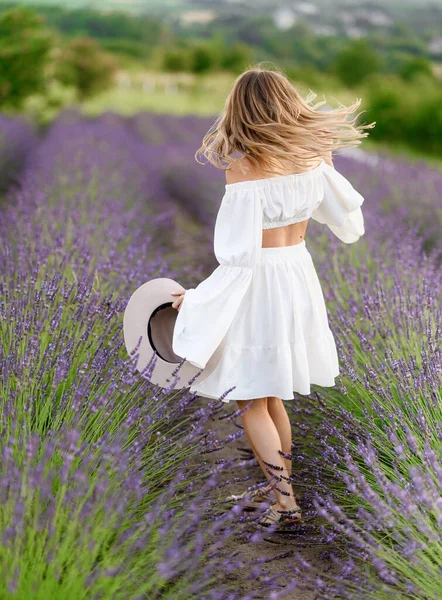 Portrait Beautiful Young Girl White Summer Dress Hat Lavender Field — 스톡 사진