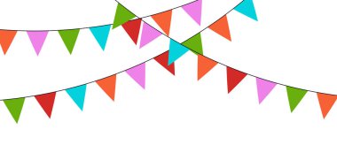 Bayraklarda renkli bir çelenk. Festival, tatil, karnaval, doğum günü partisi için dekorasyon malzemesi. Üç çelenk. Vektör illüstrasyonu