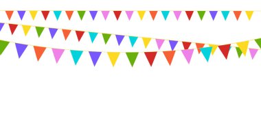 Bayraklarda renkli bir çelenk. Festival, tatil, karnaval, doğum günü partisi için dekorasyon malzemesi. Üç çelenk. Vektör illüstrasyonu