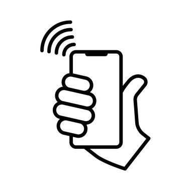 NFC ödemesi. İnsan eli telefonu tutuyor. Taslak biçiminde vektör simgesi illüstrasyonu