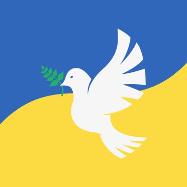 Ukrayna bayrağının arka planında barış güvercini. Tasarım konsepti. Ukrayna 'daki savaşı durdurun. Vektör illüstrasyonu