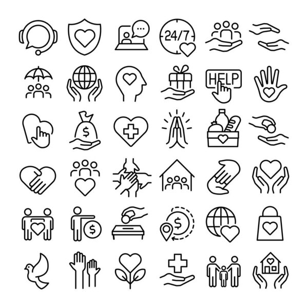 Charity and donation set. Volunteer icon set vector illustration in outline style