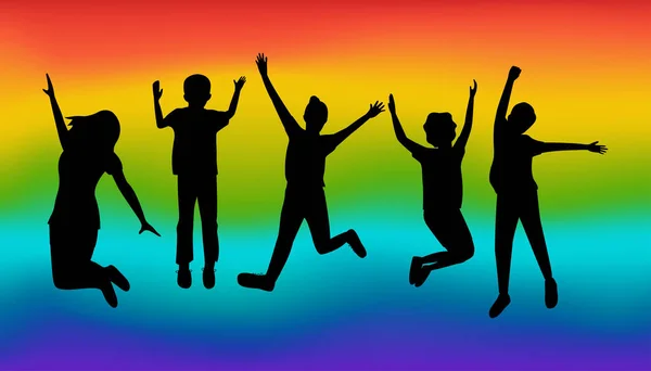 Silhouette of children jumping. Happy kids vector illustration. Rainbow background — Stockvektor