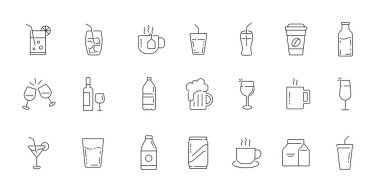 İçki ikonu seti. Bardaklar, bardaklar, şişe tabelası. Taslak biçiminde vektör illüstrasyonu