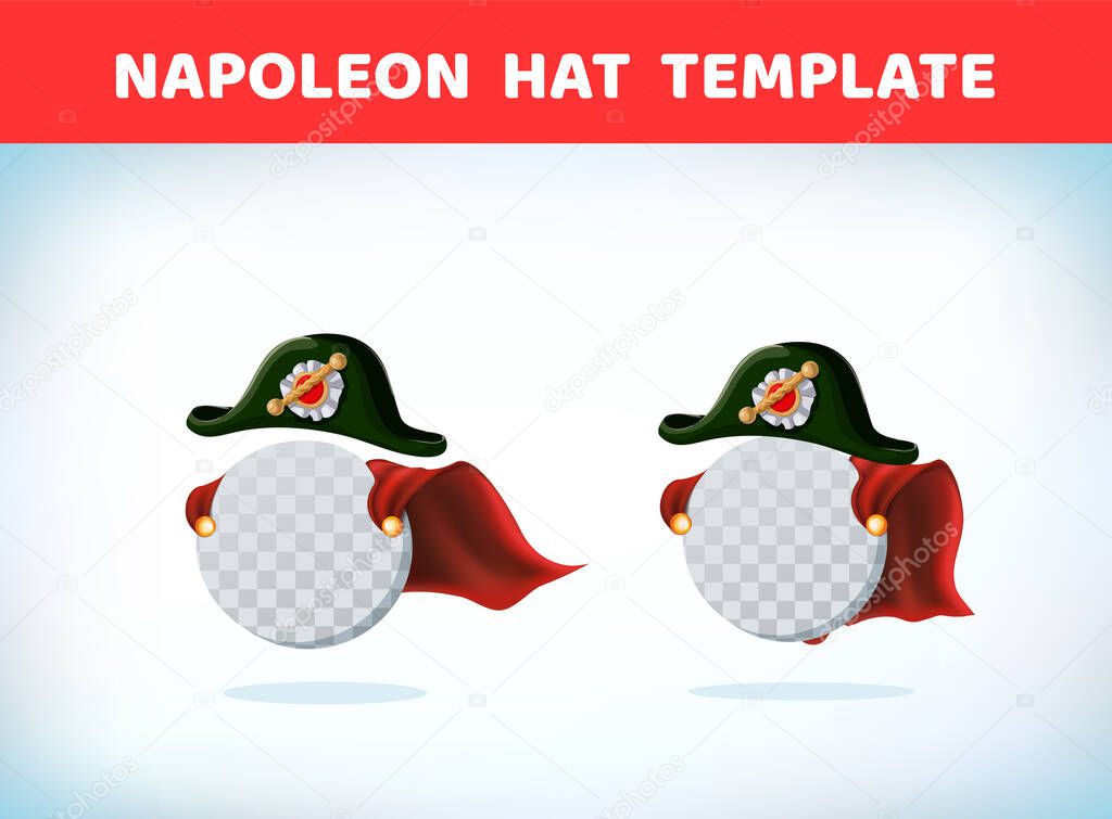 French Napoleon Bonaparte tricorn hat. Black tricorn. Masquerade costume headdress. Carnival or Halloween mask. Cartoon Vector illustration. Red cape. Cartoon template.