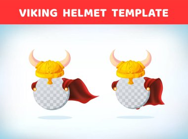 Boynuzlu Viking Miğferi. Maskeli balo maskesi. Karnaval ya da Cadılar Bayramı maskesi. Çizgi film Vektör illüstrasyonu. Kırmızı pelerin. Çizgi film şablonu.