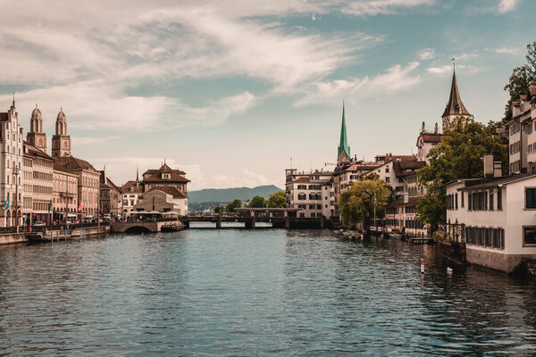 Limmat river and the city center including Grossmnster (Greate Church), Fraumnster church (Women's Church) and St. Peter's Church