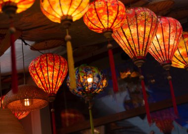 Chinese lanterns. Japanese asian new year red lamps festival. Illuminated lanterns at night. Traditional japanese lamps