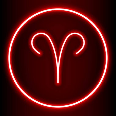 Astroloji vektörü çizimi soyut arkaplan Aries 12 burç işaretinden biridir ve koyu kırmızı neon şeklinde gösterilmiştir. Arkaplanı ya da yayınları çeşitli şekillerde süslemek için kullanılabilir