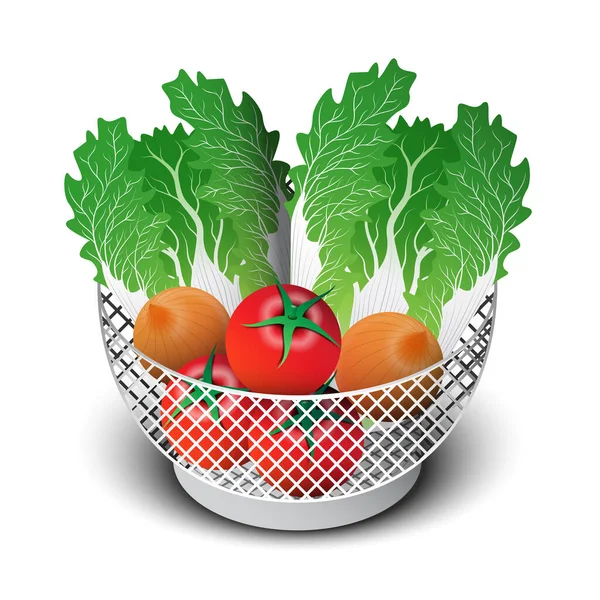 vector and illustration of fresh veggies in a basket Chinese cabbage, onions, and tomatoes are all included.