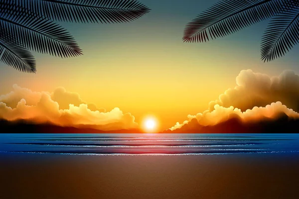 Барвисте Небо Хмара Фоном Сходу Сонця Пляжі Силуетом Кокосового Листа — стоковий вектор