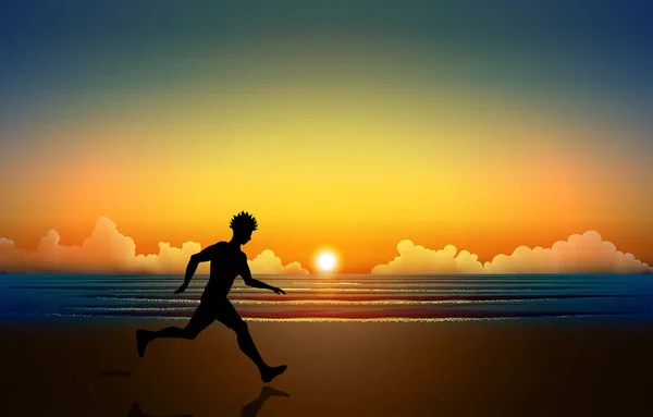 Силуэт Человека Бегущего Пляжу Утром Красочным Небом Облаками Восходящим Солнцем — стоковый вектор