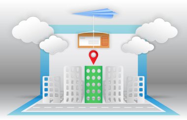 Mavi kağıt uçak ile vektör ve illüstrasyon kağıt kesme biçimi üst konum simgesi ile yeşil binaya paket kutusu gönderir