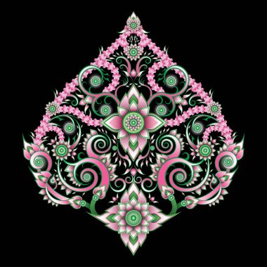 Tebrik kartı, kumaş, perde, arkaplan, halı, duvar kağıdı, giysi, ambalaj, batik, kumaş, vektör illüstrasyonu için geleneksel Tayland çiçek sanatı unsuru.