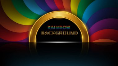 Ürün fuar sahnesi yarı dairesel bir çerçeve, altın kıvrımlar, yerden yansıyan parıltılı ışık ve arka planda gökkuşağı kıvrımlarından oluşur.