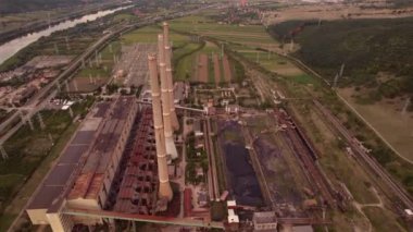 Aerial view of disaffected coal power plant, at sunset