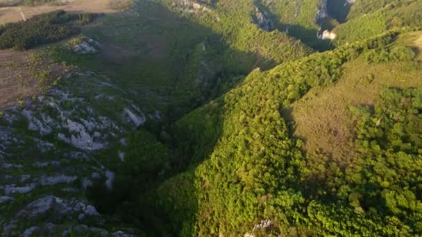 Aerial View Karst Landscape Romania Valleys Cliffs Sunset — Vídeos de Stock