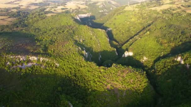Aerial View Karst Landscape Romania Valleys Cliffs Sunset — Vídeos de Stock