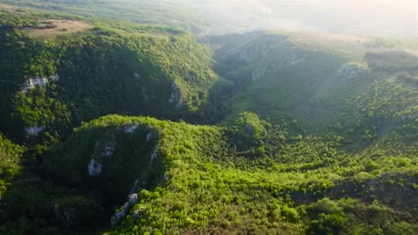 Aerial View Karst Landscape Romania Valleys Cliffs Sunset — Video Stock