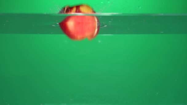 Vier Apfelscheiben Fallen Ins Wasser Gedreht Marokko — Stockvideo
