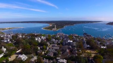 Aerial shot of Edgartown on Martha's Vineyard, Massachusetts, United States on a sunny day with the view of Chappaquiddick Island