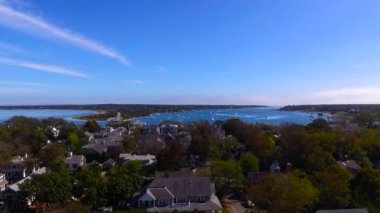 Aerial shot of Edgartown on Martha's Vineyard, Massachusetts, United States on a sunny day with the view of Chappaquiddick Island