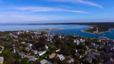 Aerial shot of Edgartown on Martha's Vineyard, Massachusetts, United States on a sunny day with the view of Chappaquiddick Island