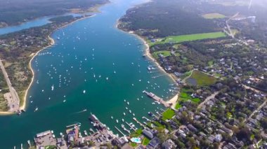 Aerial shot of Edgartown on Martha's Vineyard, Massachusetts, United States on a sunny day with the view of Chappaquiddick Island