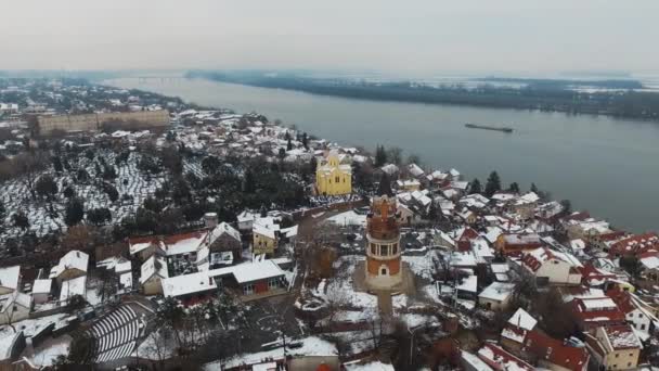 Aerial Shot Gardos Tower Winter Belgrade Serbia — Stockvideo