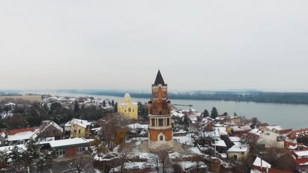 Aerial Shot Gardos Tower Winter Belgrade Serbia — стоковое видео