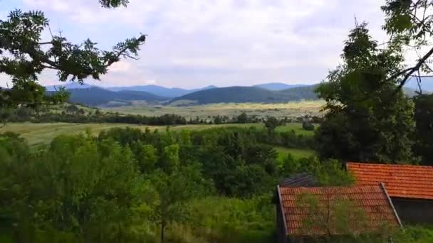 Aerial Shot Small Rural Village Mountains Golden Sunset — Stock Video