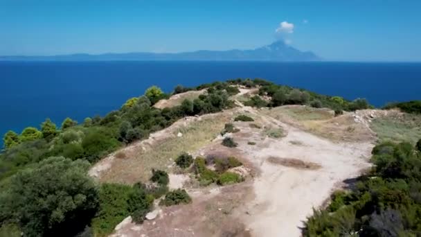 Luftaufnahme Der Halbinsel Chalkidiki Griechenland Drohnenaufnahme Des Atos Berges Mit — Stockvideo