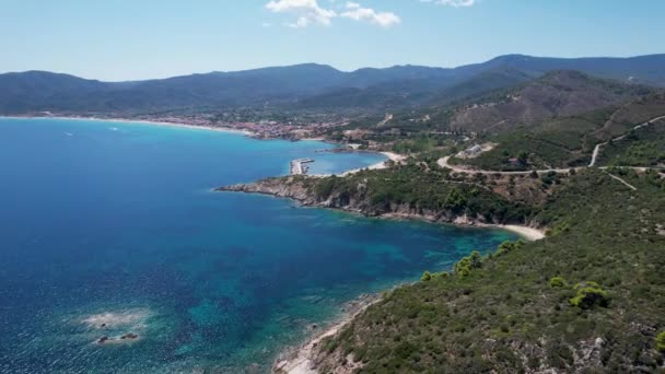 Vista Aérea Península Halkidiki Grécia Drone Shot Montanha Atos Com — Vídeo de Stock