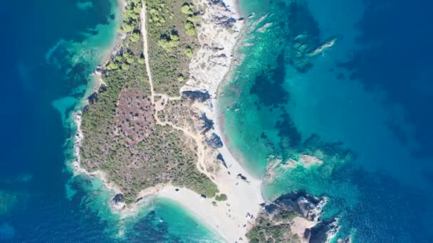 ギリシャ ヨーロッパの緑の木とシトニア半島の青い海の水の空中ビュー 岬のドローン撮影 — ストック動画
