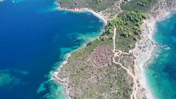 Flygfoto Över Det Blå Havsvattnet Sithonia Halvön Med Gröna Träd — Stockvideo