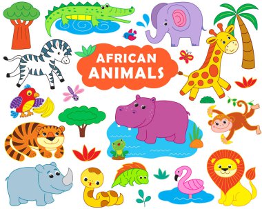 Komik Afrika hayvanlarından oluşan büyük bir koleksiyon. Orman. vektör illüstrasyonu