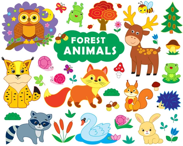 Big Collection Funny Forest Animals Insects Birds Vector Illustration — Stock Vector