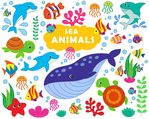 Una Grande Serie Animali Marini Immagine Vettoriale Stile Cartone Animato — Vettoriale Stock