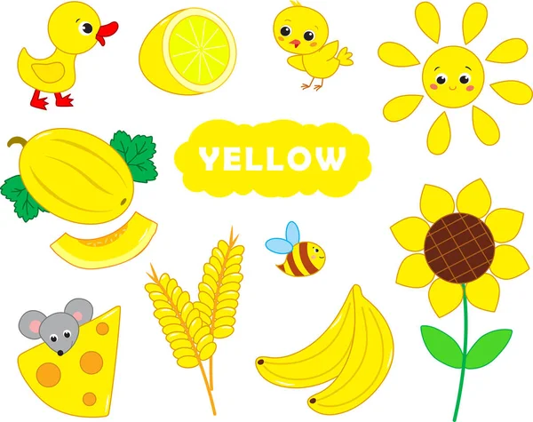 Reihe Gelber Artikel Visuelles Wörterbuch Für Kinder Über Grundfarben Vektorillustration — Stockvektor