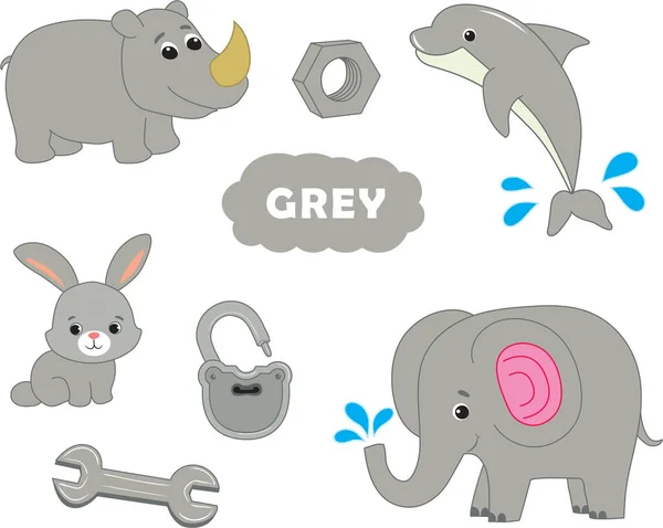 Σύνολο Γκρίζων Στοιχείων Οπτικό Λεξικό Για Παιδιά Σχετικά Βασικά Χρώματα — Διανυσματικό Αρχείο