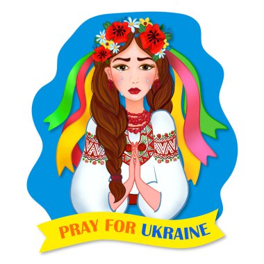 Ulusal kostümlü güzel bir Ukraynalı kızın resmi. Nakış, bir çiçek çelengi. Barış duası. Savaşa karşı barış