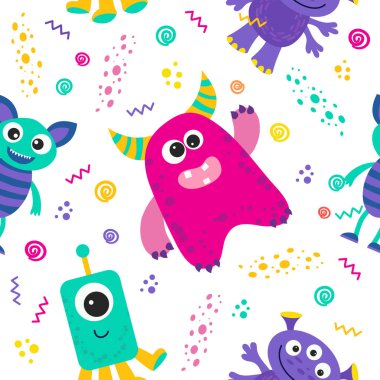 Uzaylılar ve uzay canavarları, gezegenler, roketler, yıldızlar, kuyruklu yıldızlar, çizgi film tarzında uzay gemileri. vektör illüstrasyonu