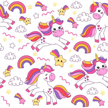 Çocuklar için çizgi film tarzında tek boynuzlu atlar olan renksiz desenler. vektör illüstrasyonu